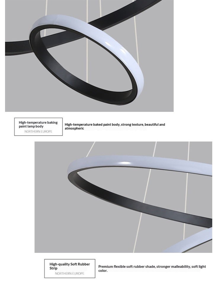 An LED chandelier composed of three light rings, stylish and simple. It has three light colors, adjustable in shape, and can be controlled by remote control or switch. It is suitable for above the dining table, living room, bedroom and study. - Image 3